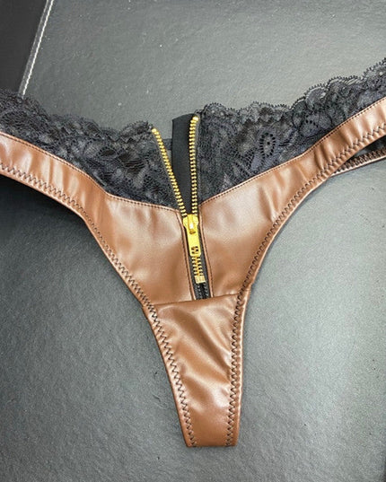 ZASUWA Female Faux Leather Zipper Lace Panties