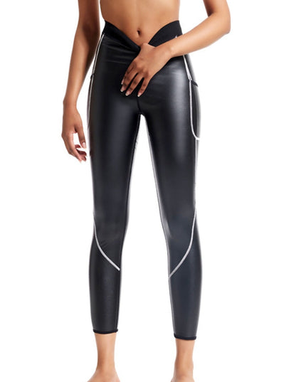 ZASUWA Female Faux Leather Corset Pocket Stripe Leggings