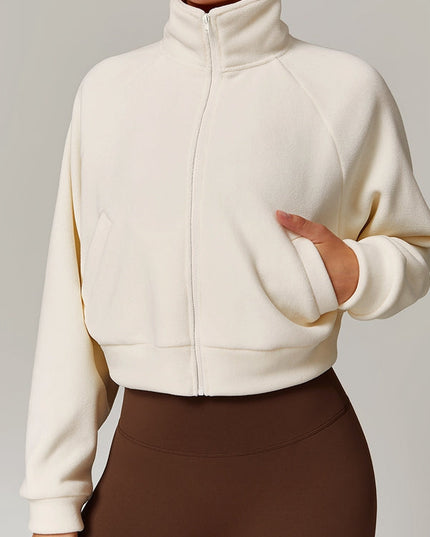 ZASUWA Female Fleece Stand Up Collar Zipper Cropped Hoodie