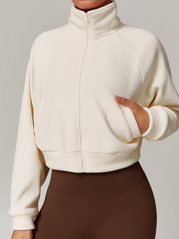 ZASUWA Female Fleece Stand Up Collar Zipper Cropped Hoodie