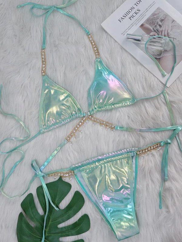 ZASUWA Female Sexy Glossy Laser Faux Leather Bikini Set