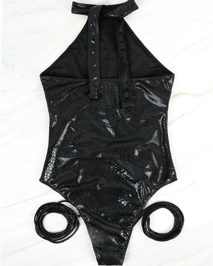 ZASUWA Female Faux Leather Black Straps One-piece Swimsuit