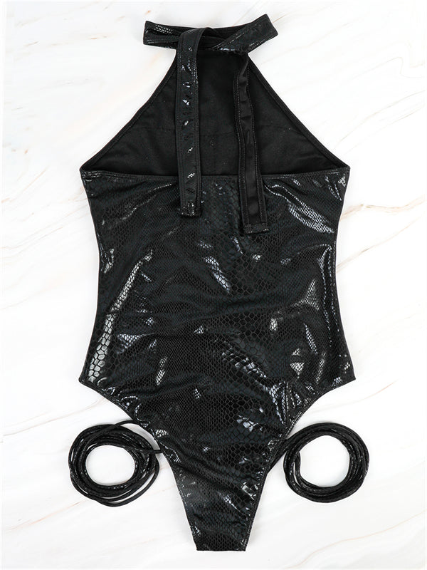 ZASUWA Female Faux Leather Black Straps One-piece Swimsuit