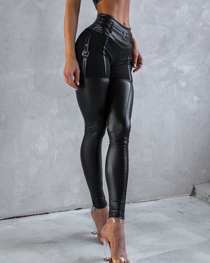 ❤ZASUWA Female PU Glossy Cross Twist Metal Buttons Hip-lift Leggings