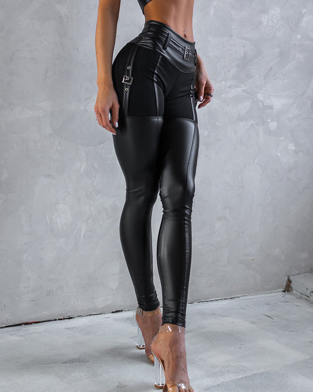 ❤ZASUWA Female PU Glossy Cross Twist Metal Buttons Hip-lift Leggings
