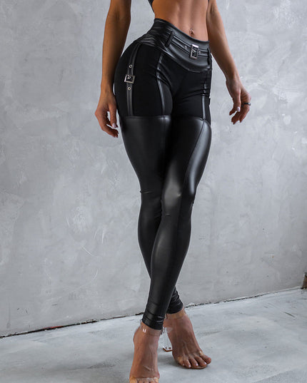 ❤ZASUWA Female PU Glossy Cross Twist Metal Buttons Hip-lift Leggings