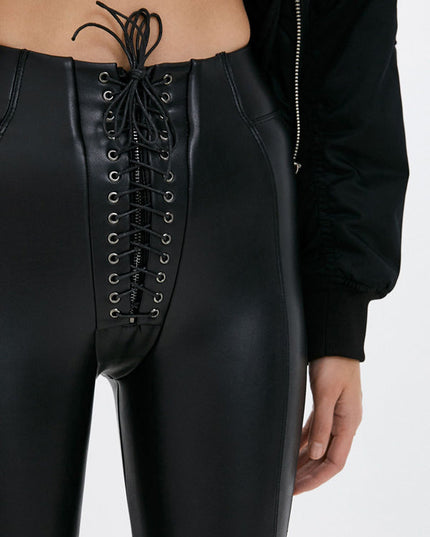 ❤ZASUWA Female Sexy Faux Leather Push Up Design Lace-up Leggings