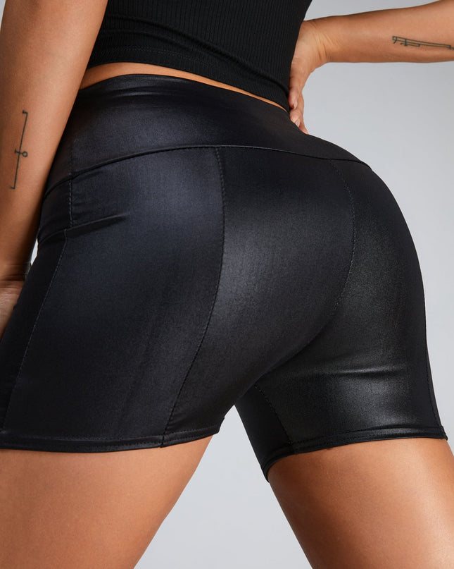 ZASUWA Female Glossy PU Faux Leather Peach Butt Spandex Gym Booty Shorts
