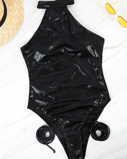 ZASUWA Female Faux Leather Black Straps One-piece Swimsuit