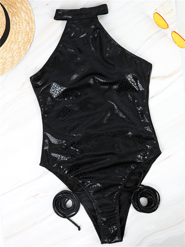 ZASUWA Female Faux Leather Black Straps One-piece Swimsuit