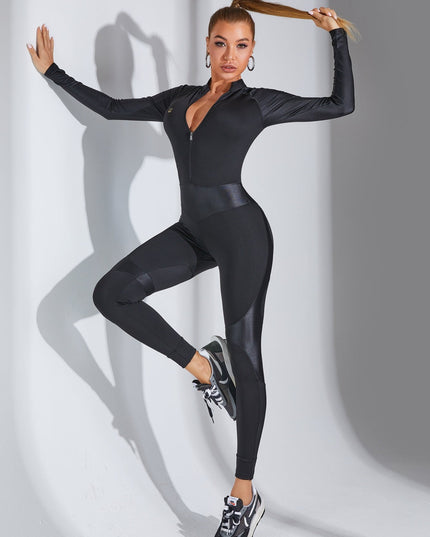 ❤ZASUWA Female Faux Leather Half Zipper Peach Booty Jumpsuit