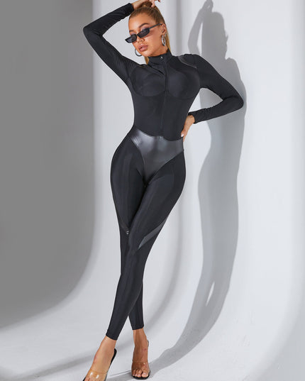 ❤ZASUWA Female Faux Leather Zipper Stand Collar Jumpsuit