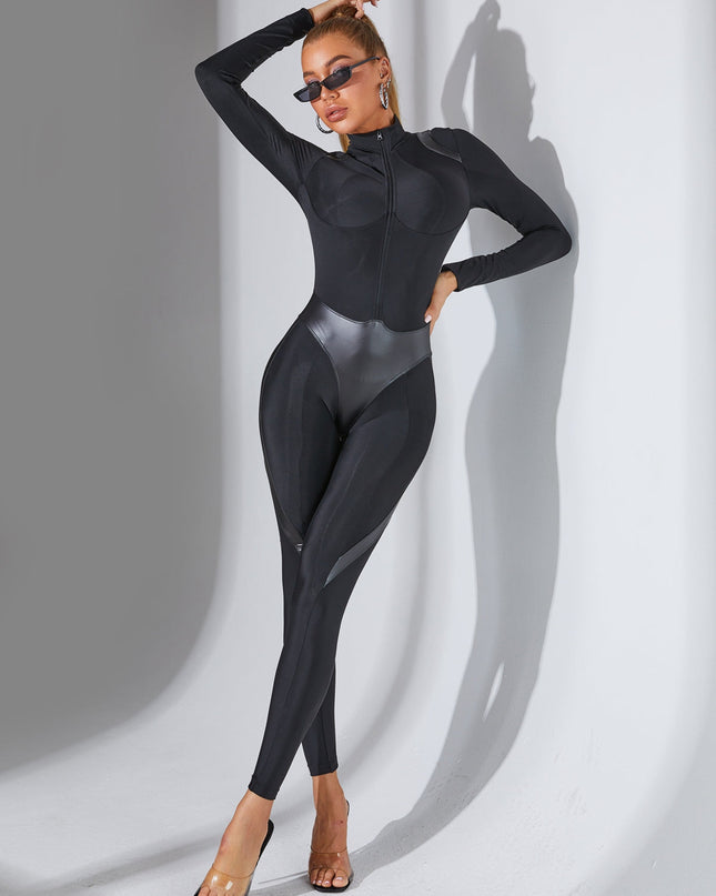 ❤ZASUWA Female Faux Leather Zipper Stand Collar Jumpsuit