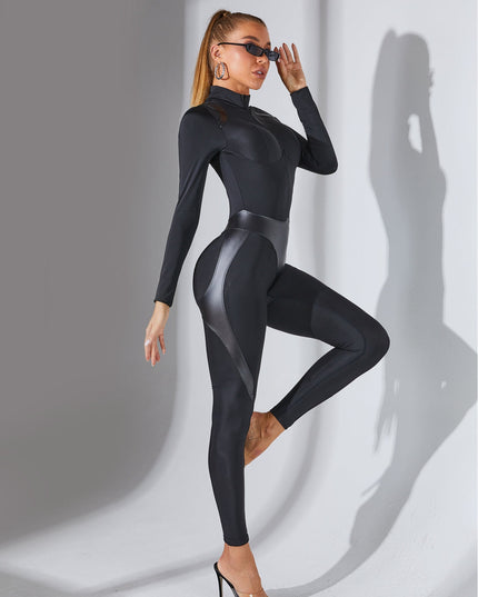 ❤ZASUWA Female Faux Leather Zipper Stand Collar Jumpsuit