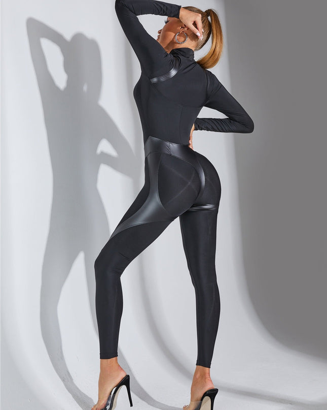 ❤ZASUWA Female Faux Leather Zipper Stand Collar Jumpsuit