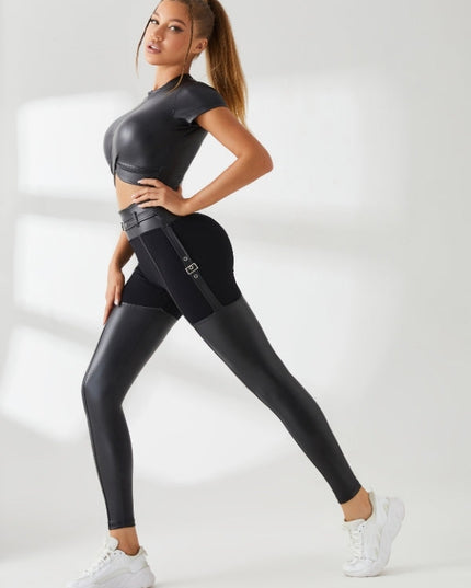 ❤ZASUWA Female PU Glossy Metal Buttons Hip-lift Leggings