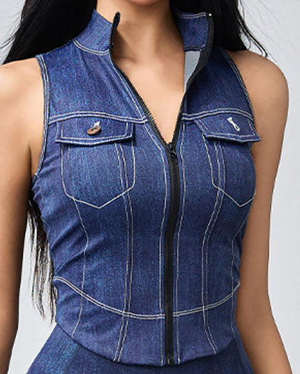 ZASUWA Female Denim Zipper Stand Up Collar Tank