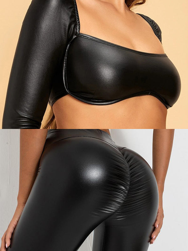 ZASUWA Female Faux Leather Crop Top Long Sleeves