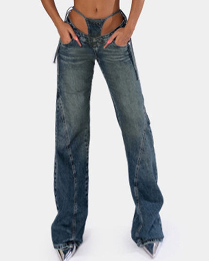 ZASUWA Female Sexy Cutout V-shape Waist Denim Flare Fashion Pants