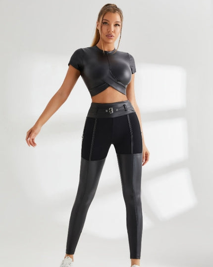 ❤ZASUWA Female PU Glossy Metal Buttons Hip-lift Sportswear