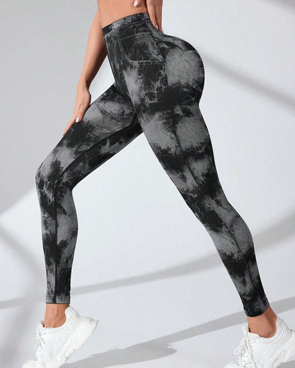 ZASUWA Female Hot Tie-dye Denim Pocket Scrunch Bum Leggings