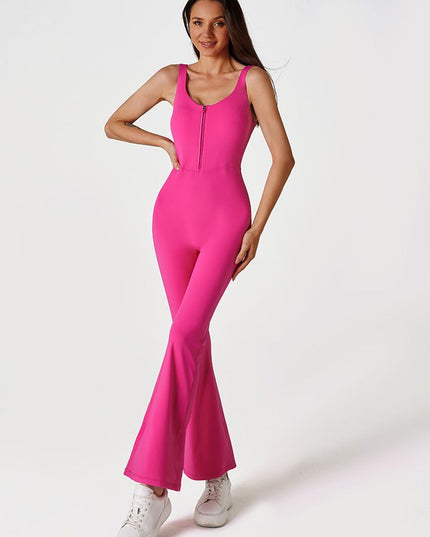 ZASUWA Female Solid Color Zipper Flare Seamless Jumpsuit
