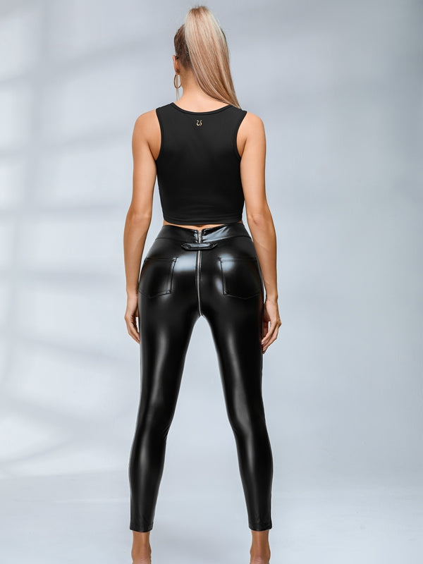❤ZASUWA Female Faux Leather Zipper Buttons Pocket Leggings