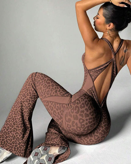 ZASUWA Female Sexy Leopard Print Hollow Out Cross Back Deep V Back Jumpsuit