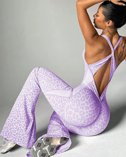 ZASUWA Female Sexy Leopard Print Hollow Out Cross Back Deep V Back Jumpsuit