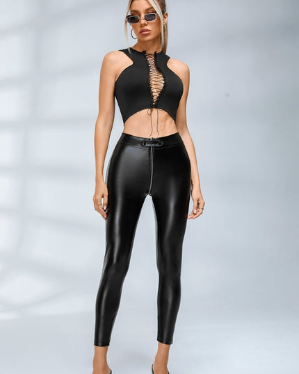 ❤ZASUWA Female Faux Leather Zipper Buttons Pocket Leggings