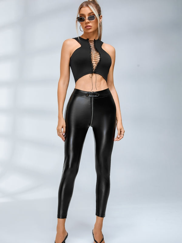 ❤ZASUWA Female Faux Leather Zipper Buttons Pocket Leggings