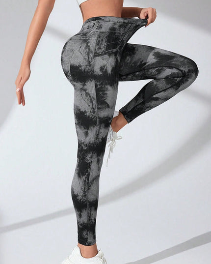 ZASUWA Female Hot Tie-dye Denim Pocket Scrunch Bum Leggings