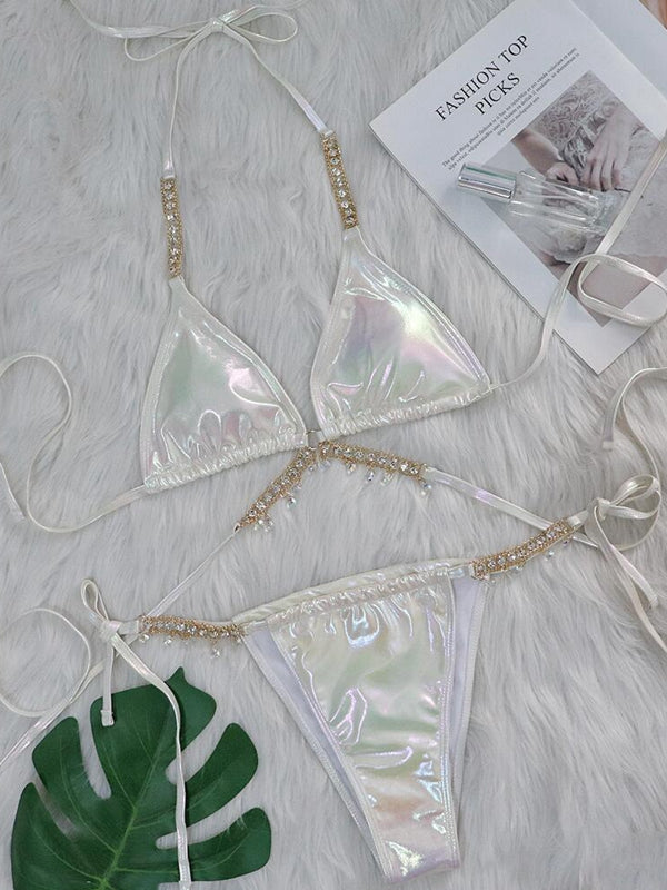 ZASUWA Female Sexy Glossy Laser Faux Leather Bikini Set