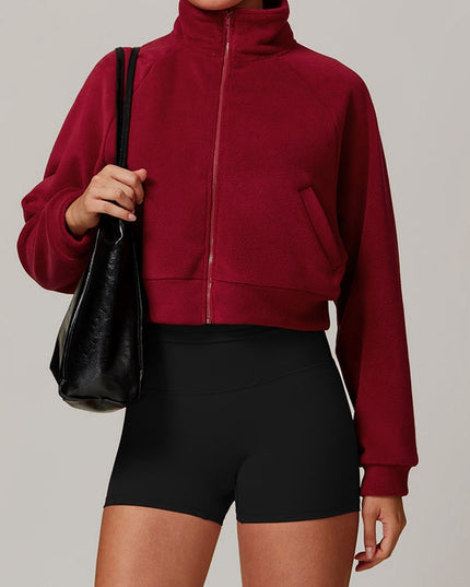 ZASUWA Female Fleece Stand Up Collar Zipper Cropped Hoodie