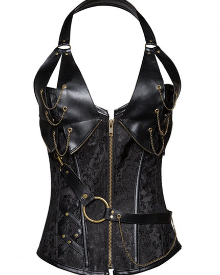 ZASUWA Female PU Faux Leather Zipper Print Corset Shapewear