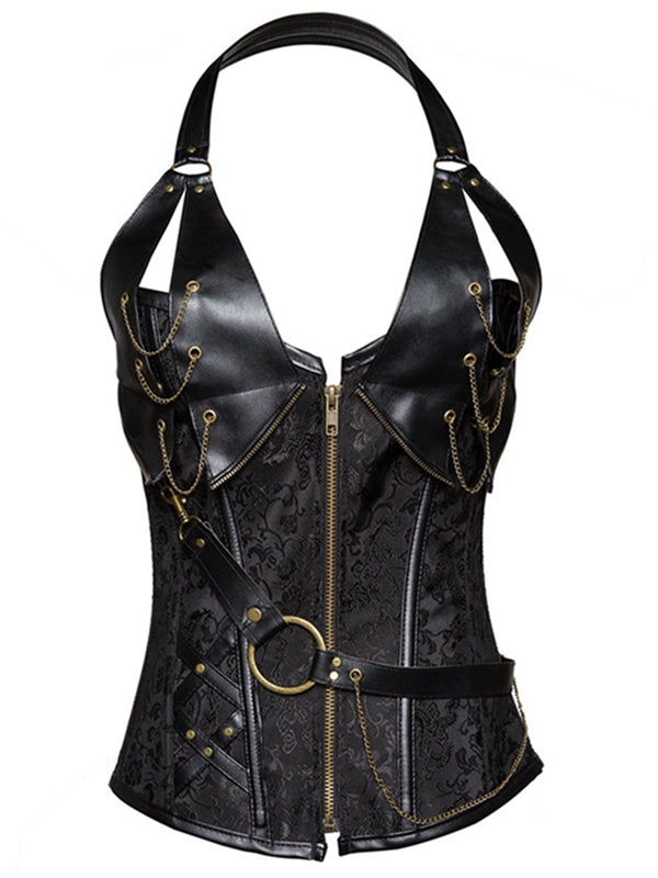 ZASUWA Female PU Faux Leather Zipper Print Corset Shapewear