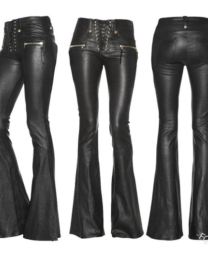 ZASUWA Female Faux Leather Zipper Lace-up Flare Leggings