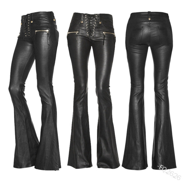 ZASUWA Female Faux Leather Zipper Lace-up Flare Leggings