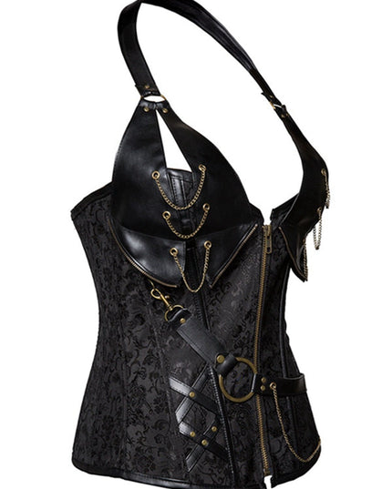 ZASUWA Female PU Faux Leather Zipper Print Corset Shapewear