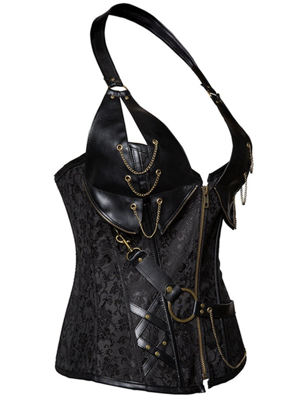 ZASUWA Female PU Faux Leather Zipper Print Corset Shapewear