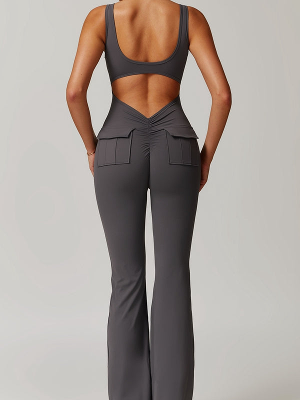ZASUWA Female Sexy Cutout Pocket Flare Booty Cargo Jumpsuit