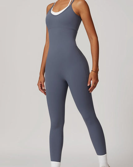 ZASUWA Female Contrast Color U Collar Cross Back Jumpsuits