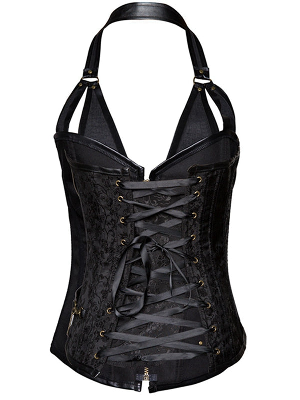 ZASUWA Female PU Faux Leather Zipper Print Corset Shapewear