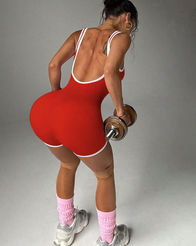 ZASUWA Female Contrast Color Ribbed Scrunch Bum Backless Romper