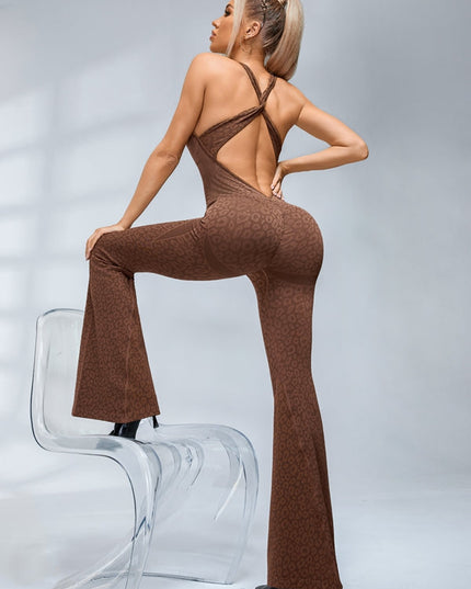 ZASUWA Female Sexy Leopard Print Hollow Out Cross Back Deep V Back Jumpsuit