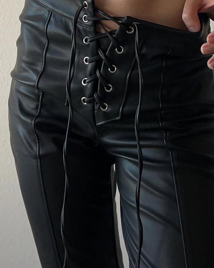 ZASUWA Female Sexy Faux Leather Push Up Design Lace-up Split Leggings