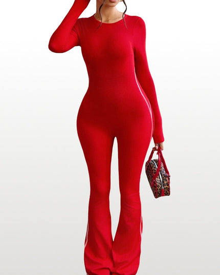 ZASUWA Female Backless Ribbed Scrunch Bum Long Sleeves Flared Jumpsuit