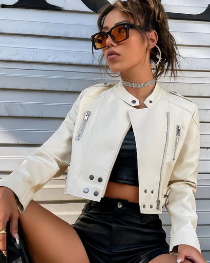 ZASUWA Female Zipper PU With Metal Buttons Faux Leather Jackets