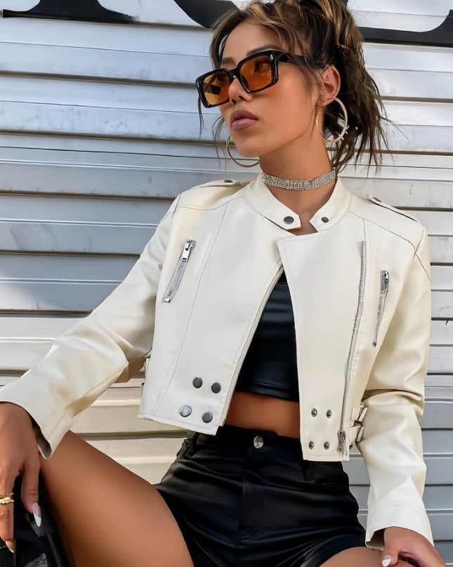 ZASUWA Female Zipper PU With Metal Buttons Faux Leather Jackets