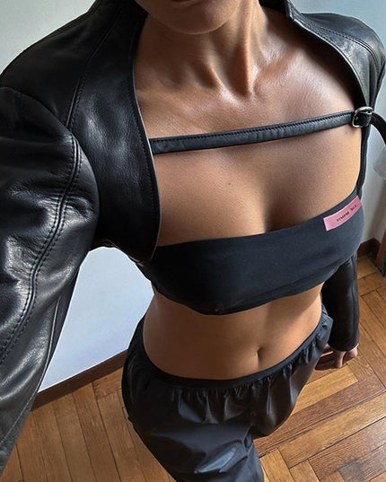 ZASUWA Female Sexy Glossy PU Faux Leather 2-piece Crop Top Long Sleeves